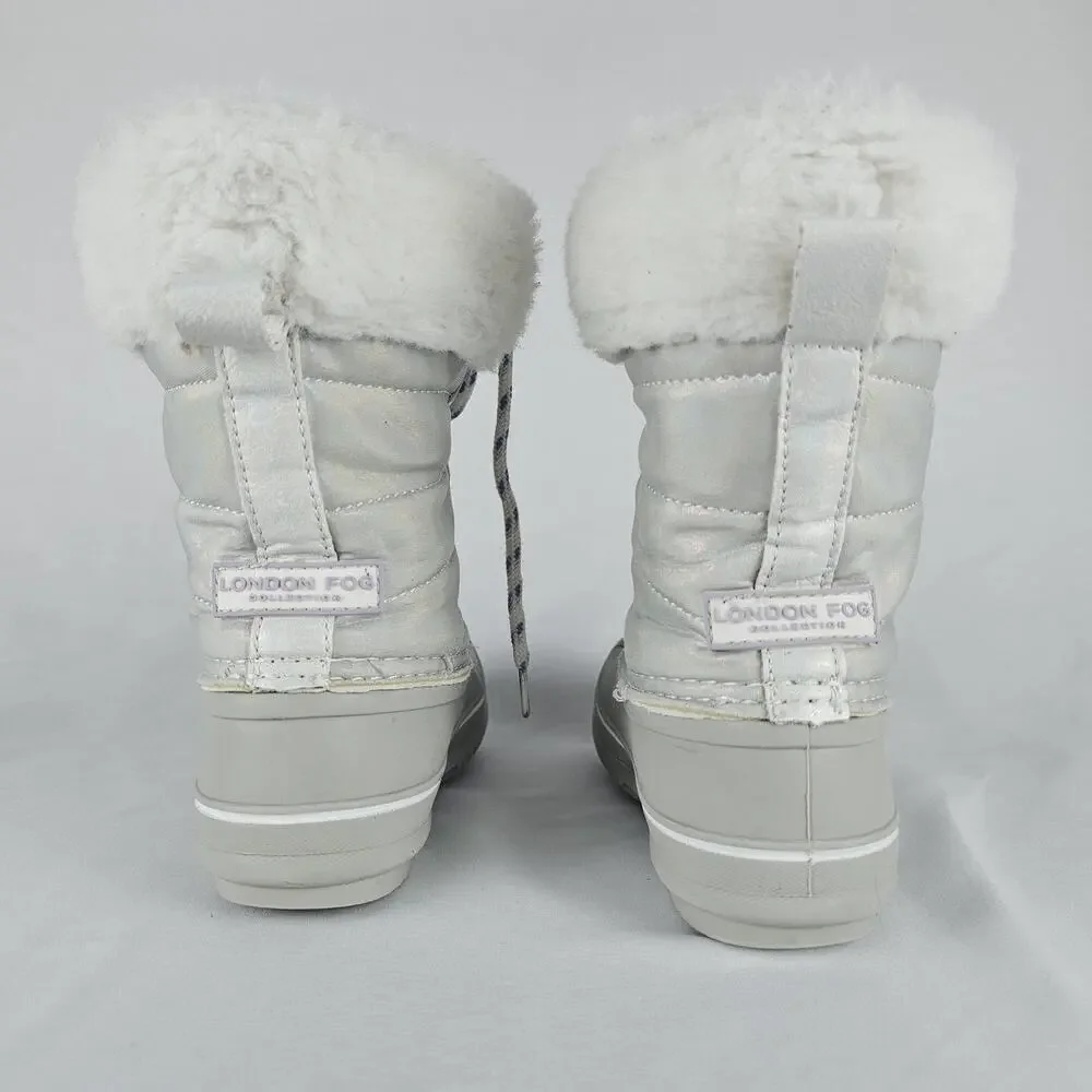 London Fog Girls Bell Court Winter Snow Boots Silver Iridescent Faux Fur Size 12